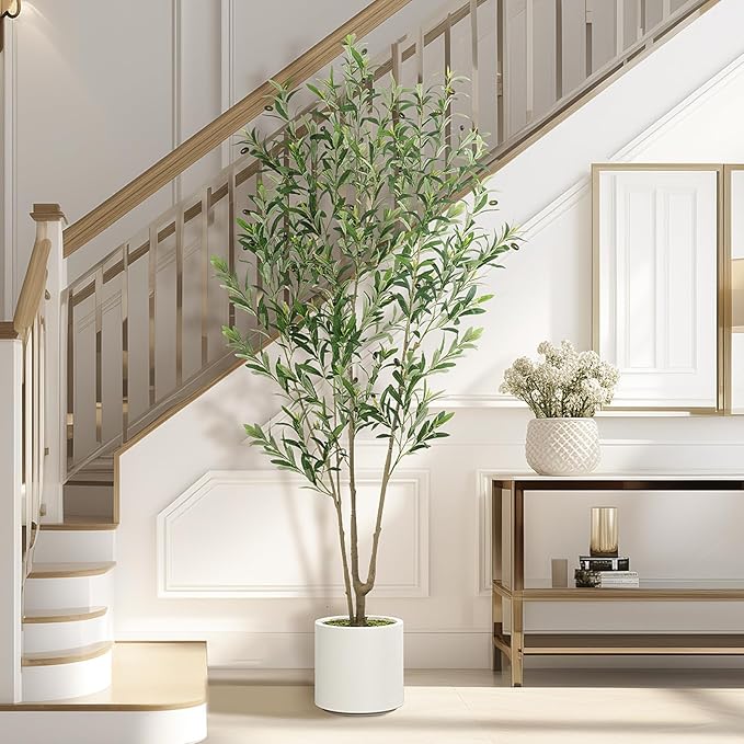 Olive Trees Artificial Indoor, 2 PCS 6FT Faux Olive Tree with Tall Pot, Natural Wood Trunk Treemote and Leaves, Fake Plant for Home Office Bedroom Decor