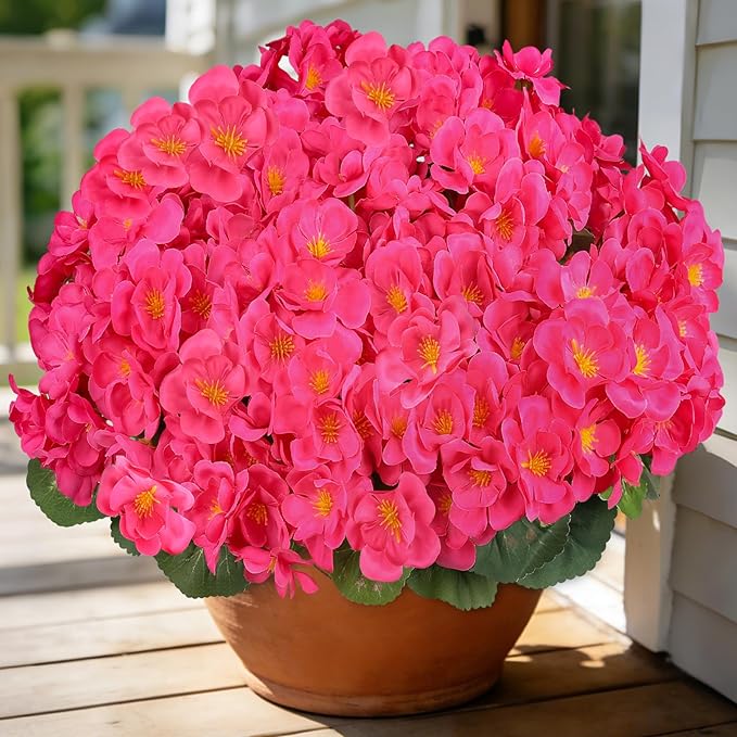 Artificial Geraniums Flowers for Outdoors, 6 Bundles Realistic Silk Fake Geranium, No Fade Faux Plants for Hanging Baskets, Window Boxes, Planters - Porch, Patio, Garden Decor(Rosy)