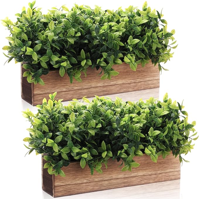 Lyrow 2 Pack Artificial Eucalyptus Plant in Rectangular Rustic Wooden Planter Box Faux Potted Herb Plant Table Centerpiece for Kitchen Windowsill Shelf Decor (Brown,16 '')