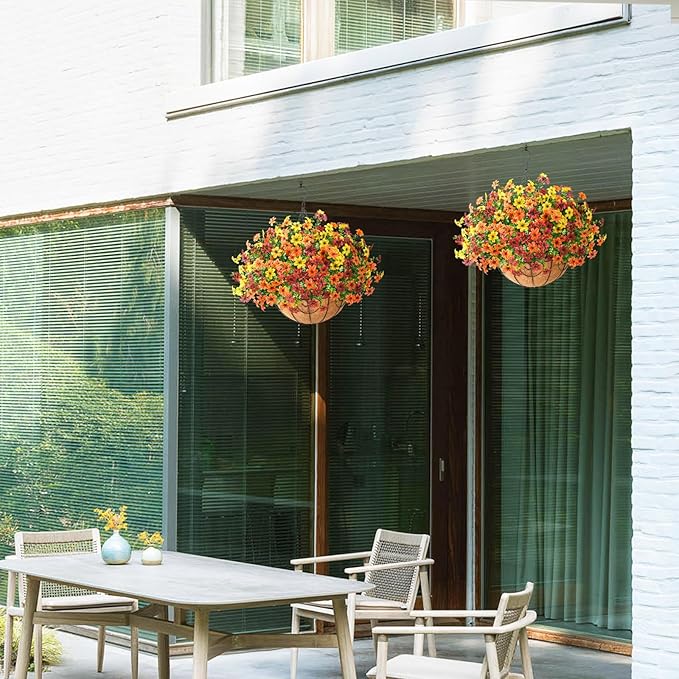 INQCMY Artificial Flowers Hanging Baskets for Outdoors Spring Decor, 12 Bundles Fake Plants Faux Silk Daisy with Eucalyptus Stem UV Resistant for Outside Patio Balcony Garden(Orange Brown Yellow)