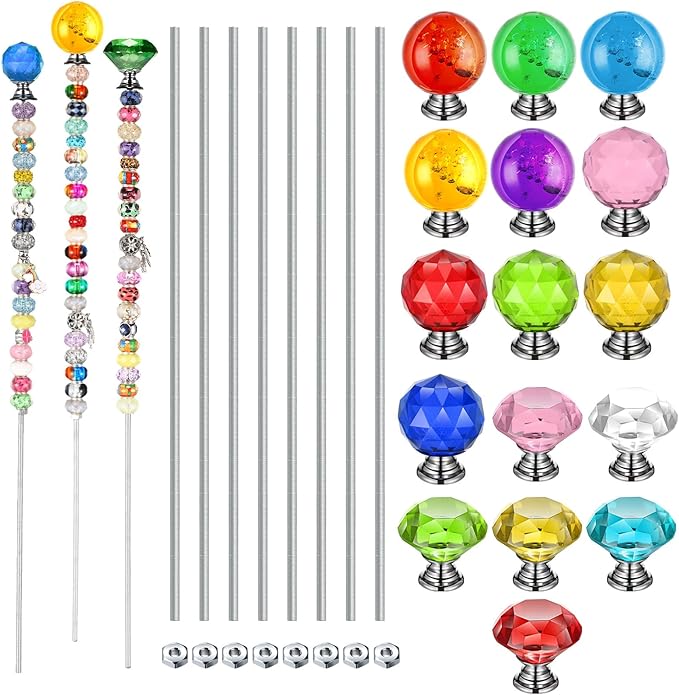 Zonon 16 Pack DIY Garden Beaded Stakes Wands Kit 16 Pcs 8/32 Inch 4mm 12 Inch Threaded Rod 16 Pcs 4mm Hex Nuts and 16 Diamond Tops Stainless Steel Decorative Garden Stakes, 16 Styles