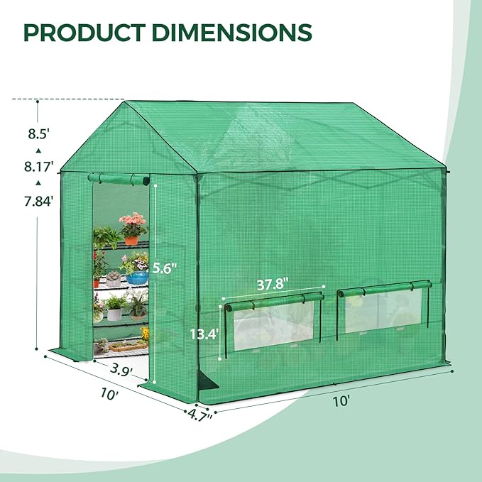 10x10 Pop Up Walk-in Greenhouse, Indoor & Outdoor PE Cover Green House with Power Access Ports, Support Pole, Roll-up Zippered Doors and Windows, Green