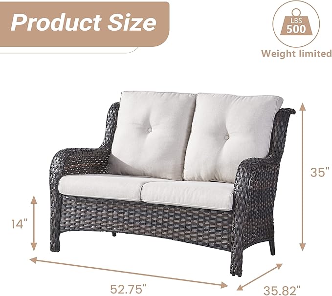 HUMMUH 4 Piece Patio Conversation Furniture Set PE Wicker Rattan Outdoor Loveseat Sofa,Patio Chairs,Coffee Table for Garden,Poolside,Backyard,Deck