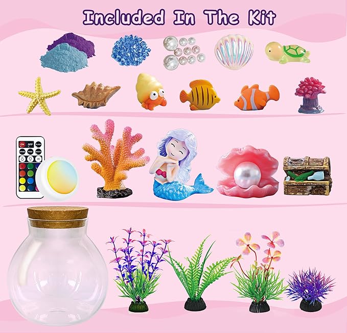 Mermaid Terrarium Kit for Kids - Toys Crafts for Girls Ages 5 6 7 8-12 Year Old Birthday (Batteries Not Included)