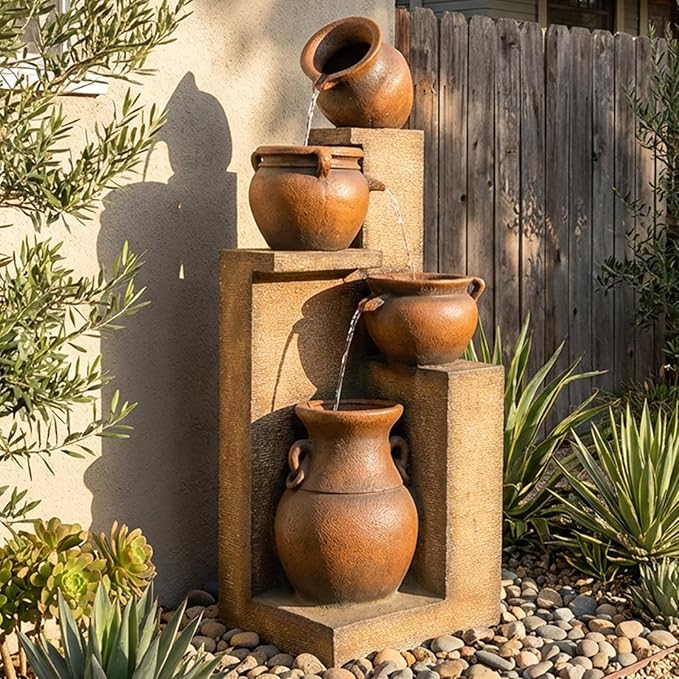 Water Fountain Outdoor Fountain with Lights - 53 Inches 4 Tiered Floor Standing Outdoor Water Fountains and Waterfalls for Garden, Patio, Backyard, Porch Home Art Decor