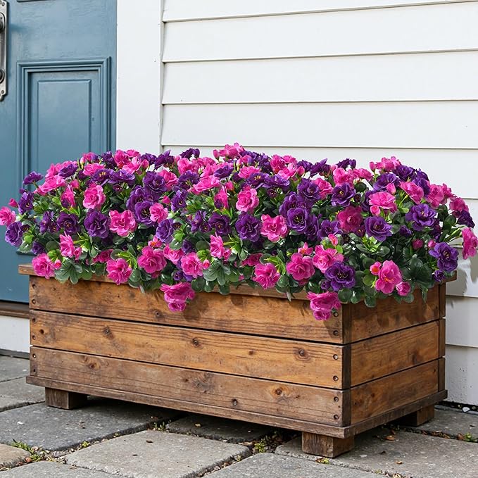 Artificial Fake Outdoor Flowers Plants, Faux Silk Camellia Bundles UV Resistant No Fade Realistic for Planter Pot Outside Porch Patio Balcony Garden Yard Home Decor, 3 Large Bundles (Purple+Fuchsia)