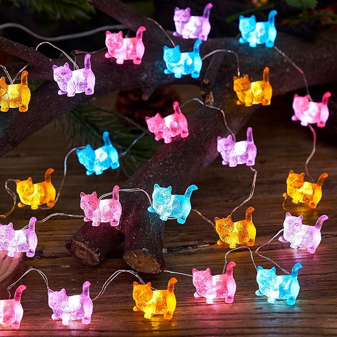 JASHIKA Cat Décor Cute Indoor String Light Fairy Lights Plug in Decorative Lights 10ft 30LED Battery Operated or USB for Bedroom Kids Tent Camping Christmas Tree Ornaments