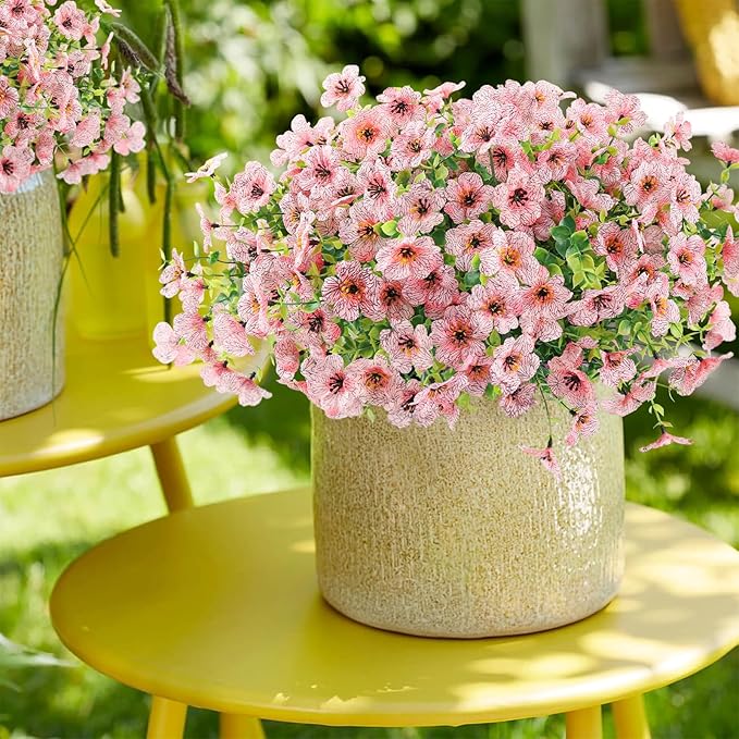 ATTGREAT Artificial Flowers Outdoor Faux Plants UV Resistant Fake Patio Flowers Plastic Greenery Plnats Outside Bulk for Spring Garden Hanging Planter Home Vase Decor, 12 Bundles (Pink)
