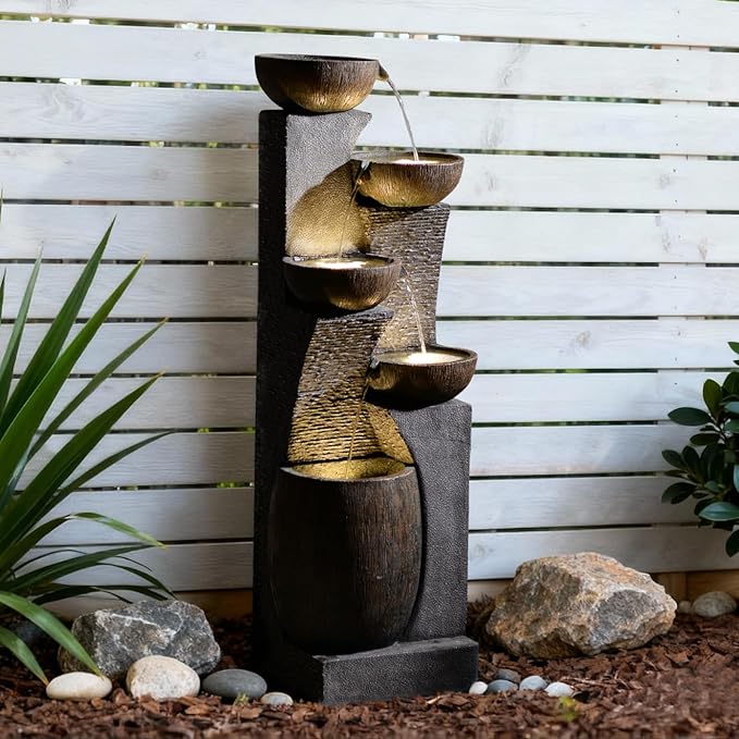 51.6'' H Tall Outdoor Water Fountain, 5-Tier Resin Cascading Crock Bowls with LED Lights, Garden Water Feature and Waterfall for Porch, Deck, Patio, Yard, and Home Décor, Dark Gray