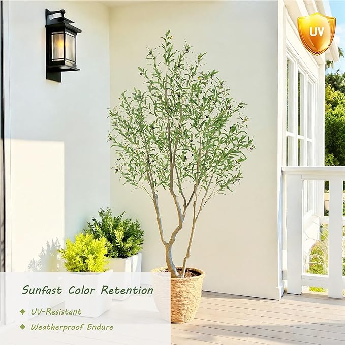 7ft UV Resistant Realistic Artificial Olive Tree Outdoor, 84in Tall Faux Olive Tree for Outdoor with Lifelike Leaves and Branches, Fake Olive Tree for Home Office Living Room Patio Decor.