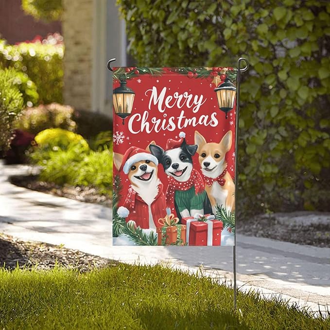 Christmas Dogs Garden Flag 12x18 Inch Double Sided All-Weather Polyester Outdoor Flag For Patio Lawn Yard And Garden Welcome Decor