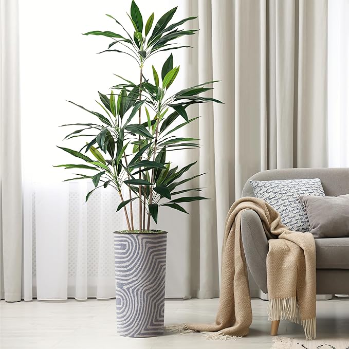 SIGNWIN Artificial Tree in Contemporary Geometric Pattern Planter, Fake Dracaena Tree Silk Tree for Indoor and Outdoor Home Decoration - 66" Overall Tall (Plant Pot Plus Tree)
