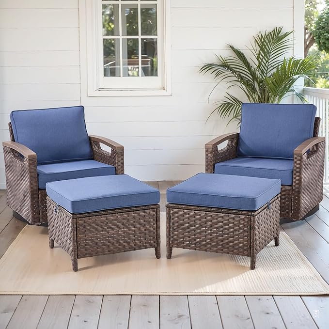 Rilyson Wicker Outdoor Patio Furniture Set - 4 Piece Patio Conversation Set with Swivel Rocker Chairs and Ottomans, Thick Cushions, High Back, Deep Seating, for Porch Deck Garden Brown/Blue