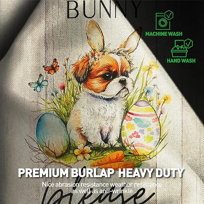 Easter Dog Garden Flag Bunny Please Stop Here Double Sided 12×18 Inch,Puppy With Rabbit Ear Eggs Vertical Small Burlap Spring Holiday Yard Lawn Front Porch Outdoor Decorations