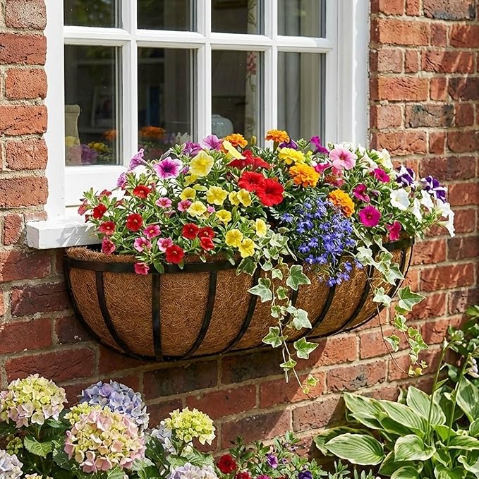 24 Inch Railing Planter Boxes 2 Pack Metal Window Box Planters with Coco Coir Liners, Horse Trough Planter with Adjustable Brackets for Deck Balcony Fence Porch Patio Outdoor Garden