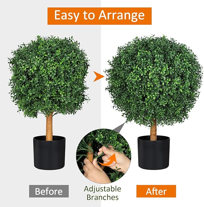 26" Topiary Trees Artificial Outdoor Boxwood Balls, UV Resistant Faux Boxwood Plants Set of 2, 19.7" W Realistic Evergreen Potted Fake Shrubs and Bushes for Home Office Patio Garden Front Porch Decor