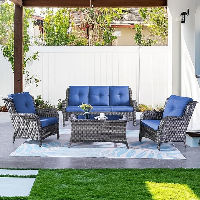Belord Patio Wicker Furniture 4 Pieces Outdoor Furniture Set Patio Sofa Set with Wicker Chairs and Coffee Table, Paito Conversation Set for Porch Garden Deck Balcony Poolside