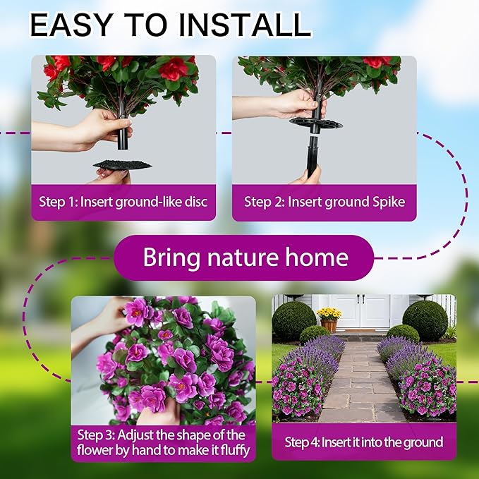 AZXVT Artificial Flowers for Outdoors, Faux Outdoor Plants Fake Plants Topiary Balls Artificial Outdoor Set of 2 with Ground Spike for Home Front Porch Patio Garden Decor (Rose Purple)
