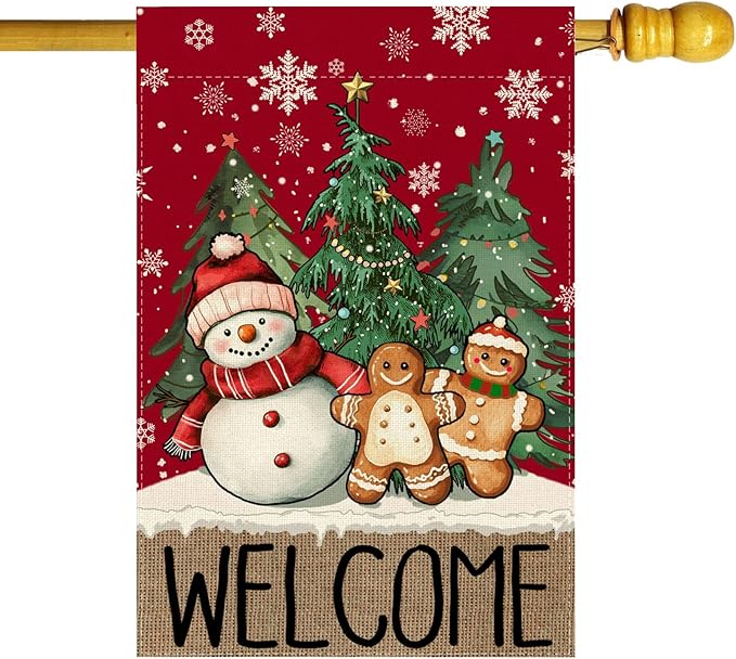 Welcome Winter Snowman Gingerbread Man Pine Trees Christmas House Flag large 28X40 Inch Big Vertical Double Sided Yard Outdoor Outside Holiday Decoration