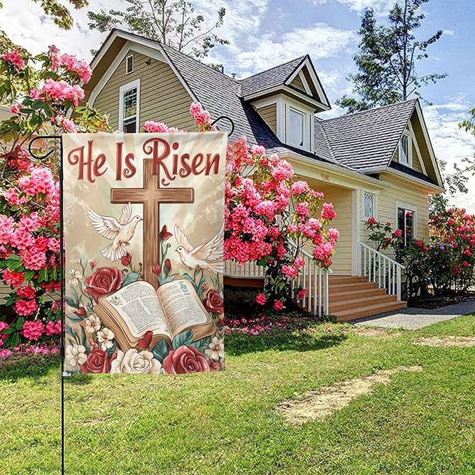 He Is Risen Garden Flag 12x18 Inch Double Sided All-Weather Polyester Outdoor Flag For Patio Lawn Yard And Garden Welcome Decor
