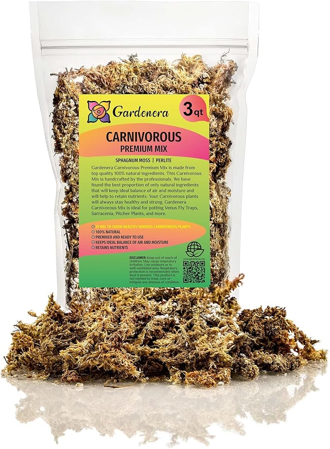 Gardenera Sphagnum Moss Potting Mix for Carnivorous Plants, Moss and Perlite Blend for Potting Venus Fly Traps, Sarracenia, Pitcher Plants - 75% Sphagnum Moss + 25% Perlite - Made in USA - 3 Quart