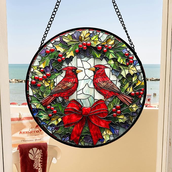 DASTOLL Stained Glass Window Hanging - Cardinals Green Wreath Suncatcher for Doors Home Christmas Decoration Red Bird Sun Catcher Thanksgiving New Year Birthday Gift for Women Men Mom Nana 14.9 in