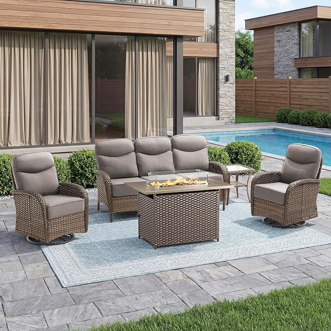 Luxury 6-Inch Cushion Patio Furniture Set with 41" Fire Pit Table, High Back Swivel Rocker Patio Chairs with Outdoor Couch, Outdoor Wicker Conversation for Deck Porch Garden Balcony Poolside