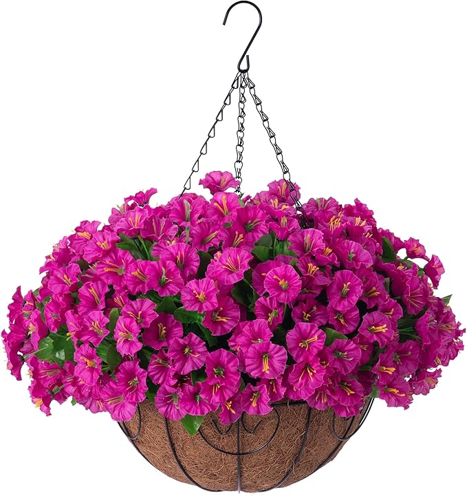 Ammyoo Artificial Hanging Flower Plants with Basket for Outdoor Decoration, Faux Petunias Flowers Fake Morning Glory Planter for Outside Patio Garden Porch Balcony Yard Decor(Fuchsia)