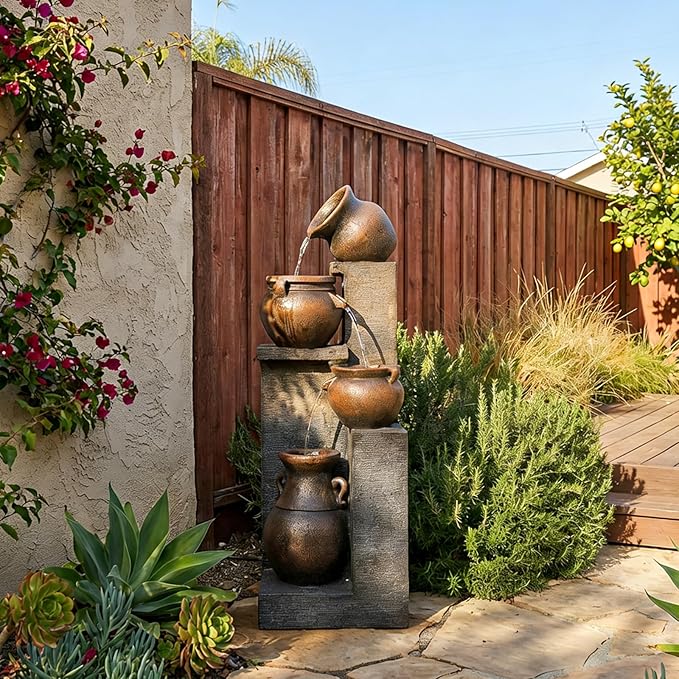 53''H Water Fountain Outdoor Garden Fountain Large- 4 Tiered Cascading Bowls and Outdoor Fountains and Waterfalls with Lights for Garden, Patio, Backyard, Porch Home Art Decor