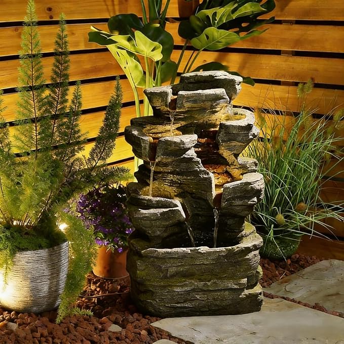 24.2" H Rock Cascading Water Fountain Outdoor&Indoor, 6-Tier Garden Naturefalls Fountains, Floor-Standing Waterfall with Lights for Patio, Backyard, Deck, Porch, Home DéCor, Stone Gray