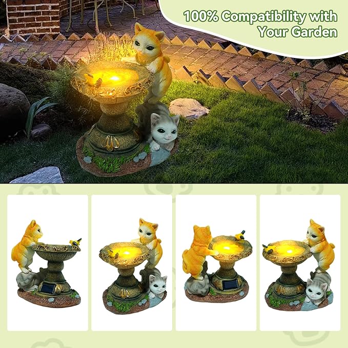ArtCredit Solar Two Kittens Garden Statues with LED Lights, Outdoor Decor for Patio Yard Balcony - Unique Housewarming Birthday Gifts for Women Mom Grandma