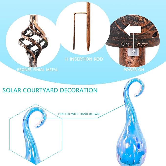 Naboher Garden Solar Lights Outdoor, Decorative LED Pearlized Glass Spiral Garden Stake with Finial, Hand Blown Glass and Metal Outdoor Decoration, 3 x 36 Inch (Light Blue)
