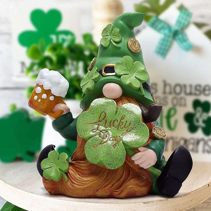 Hodao Green St Patrick‘s Day Handmade Gnome 6" H Resin Standing Figurine for Spring-Irish Gnome Elf Scandinavian Yule Nordic Figurine Home Holiday Decorations Indoor Home Decor Green Gnome (Green)