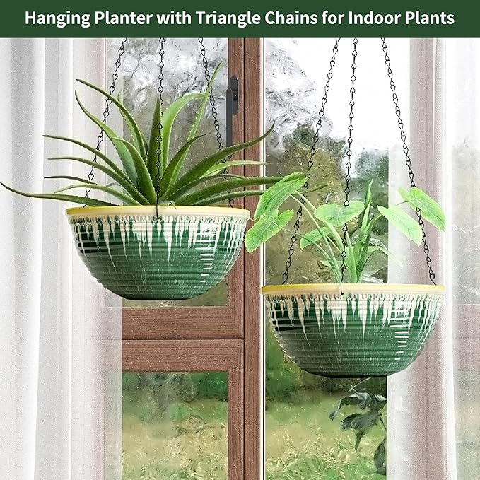 LESOASIS 12 inch Large Hanging Planters for Indoor Outdoor Plants, Set of 2 Glazed Hanging Flower Pots with Drainage Hole, Hanging Baskets for Garden Home Porch Decor