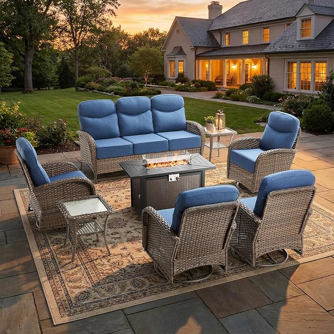 Luxury Patio Furniture Set with Fire Pit Table, Outdoor Furniture Set with High Back Swivel Chairs & 6-inch Thick Cushions, 8 PCS Fire Pit Patio Set for Yard, Deck, Poolside, Brown/Blue