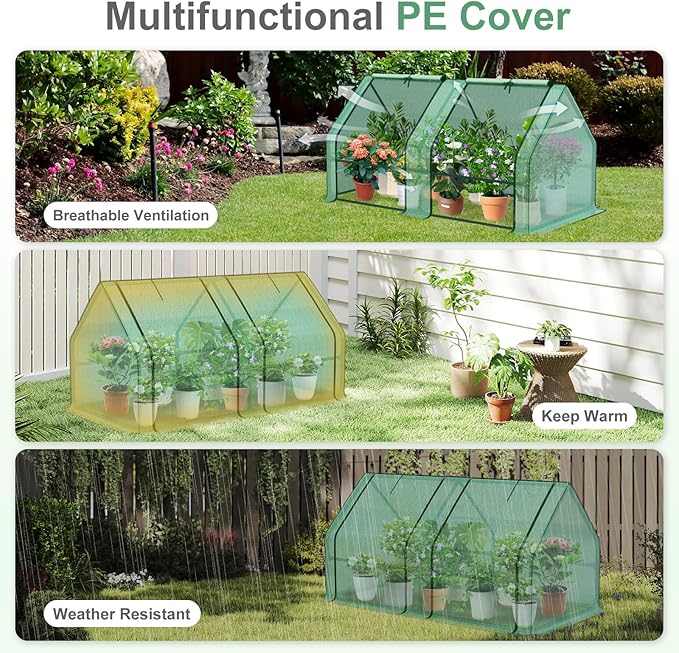 Aoodor 6 x 3 x 3 ft Mini Greenhouse with 2 Zipper Doors, Water-Resistant, UV-Protected for Flowers, Vegetables, and Herbs, Green