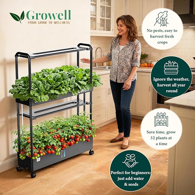 Large Basket Hydroponics Growing System Kit, 32 Pods Vertical Hydroponic Garden with 2 Grow Light Modes, Auto Circulating Water System, 32L Indoor Gardening System for Herb Vegetable Fruit