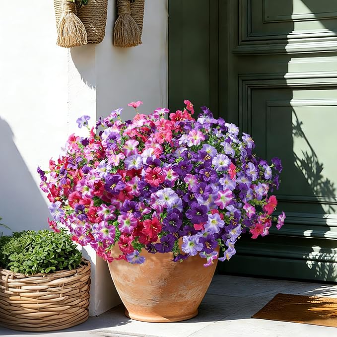 Artificial Flowers for Outdoors Decoration, 20 Bundles Purple Faux Morning Glory with Eucalyptus Look Real UV Resistant Fake Plants Silk Flowers for Outside Yard Gardens Porch Patio Planter Home Urn