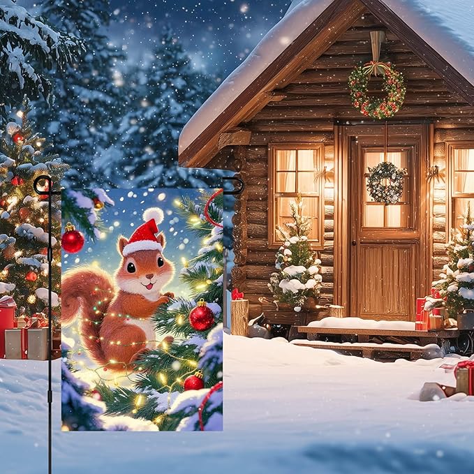 IVN Christmas Garden Flag 12x18 Inch Cute Squirrel in Santa Hat with Red Ball Ornaments and Snowy Tree Flag Double Sided Outdoor Yard Banner for Porch Lawn Patio Decor Holiday Winter