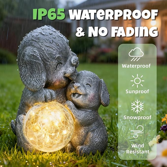 Komothala Solar Garden Statue Light, Outdoor Puppy Figurine with Solar Light for Patio, Lawn, Yard, Housewarming Birthday Gifts for Dad, Mom, Grandma,Women (Grey Dog)