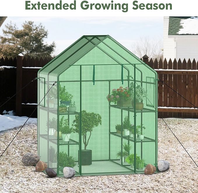 Happygrill Greenhouse for Outdoors, Portable Green House w/8 Shelves, Roll-Up Zippered Door, 2 Observation Windows & 2 Tiers, PE Cover, Wind Rope, Walk-in Greenhouse for Outside, 57”L x 57”W x 77”H