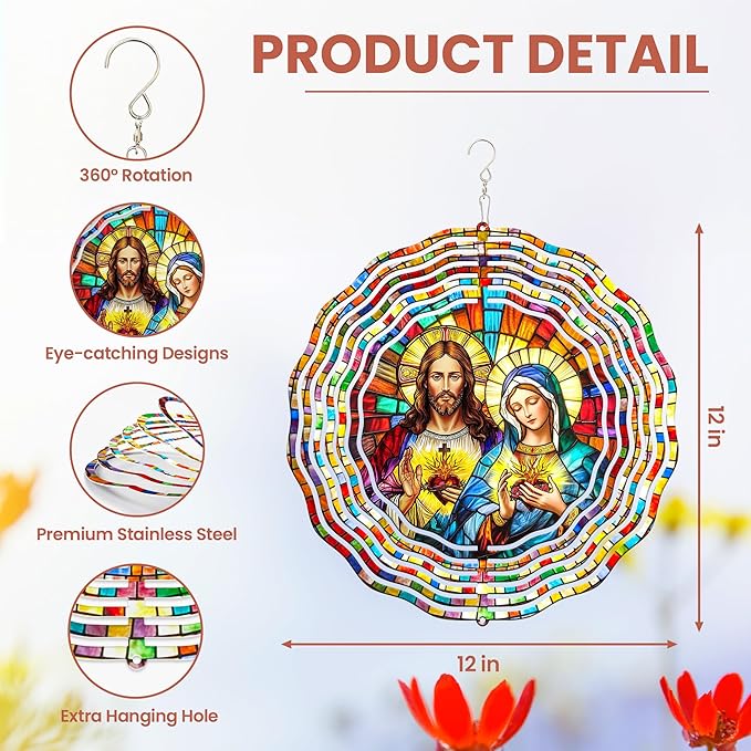 FLAGWIX Sacred Heart Wind Spinners Outdoor - 3D Stainless Steel Metal Wind Spinners 12in - Christian Gifts for Women Faith, Garden Spinner for Yard Decorations Outdoor, Religious Gifts for Mom Grandma