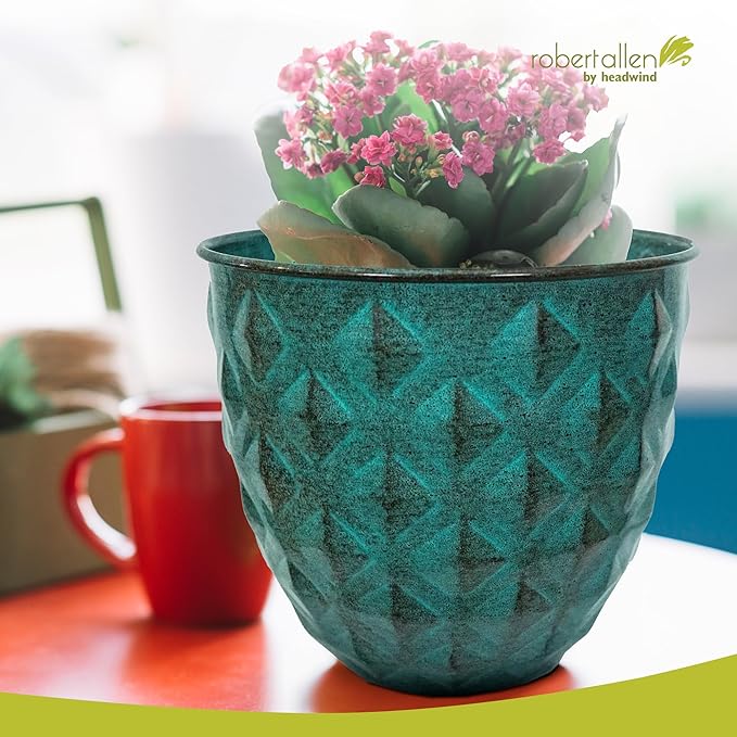 Headwind Glazed Ironstone Diamonte Collection – Surf Green 8-Inch Decorative Plant Pot, Indoor & Outdoor, Vintage Diamond-Textured, Lightweight & Weather-Resistant for Garden Use by Robert Allen