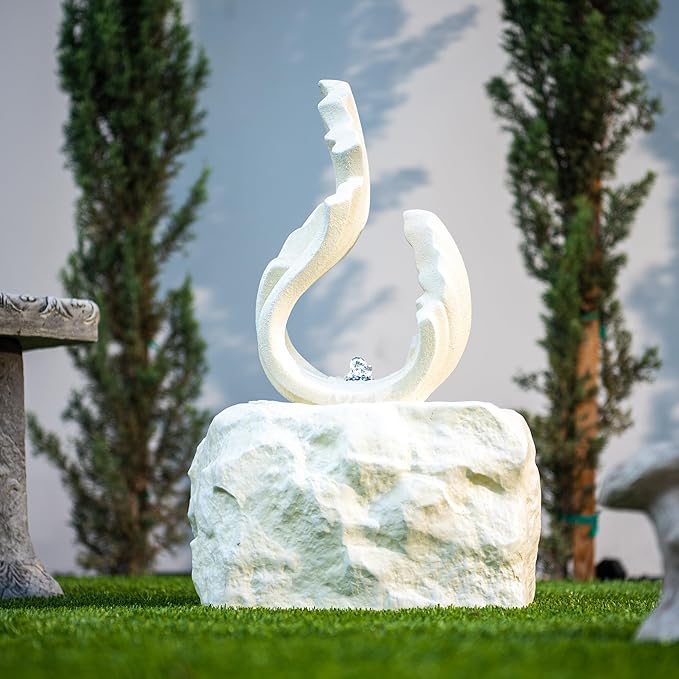 XBrand 25" H Outdoor Garden Water Fountain, Stone-Look Modern Sculptural Freestanding Fiber Resin Fountain with LED Lights for Patio, Backyard, Porch & Lawn, White
