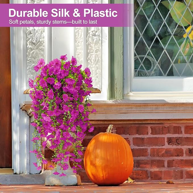 Artificial Flowers for Outdoors Decoration, 4Pcs Fake Hanging Flowers Morning Glory UV & Fading Resistant, Artificial Faux Plants Deocr for Home Porch Patio Balcony Planter Yard Garden Farmhouse