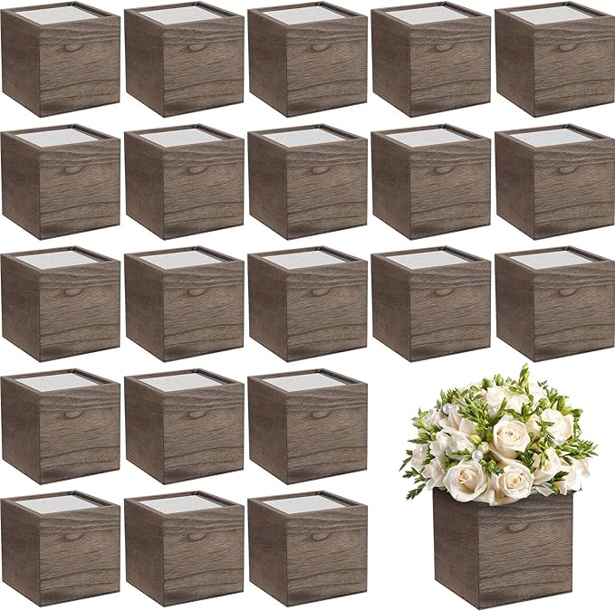 Suzile 24 Set Wooden Planter Box Square Wood Flower 4 Rustic Cube Planter Box with Removable Foam Blocks Liner Brown Square Vase for Home Centerpiece Garden Craft Wedding Farmhouse Decor