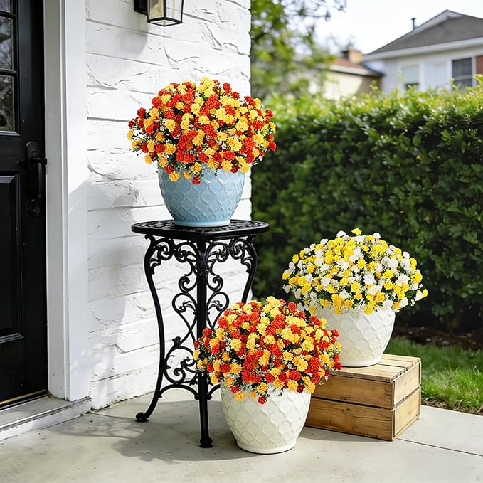Ammyoo Artificial Flowers for Outdoors Decoration, 6 Bundles Silk Marigold Flower UV Resistant Look Real Faux Plants for Garden Porch Planter Patio Balcony Yard Home Decor (Yellow Orange)