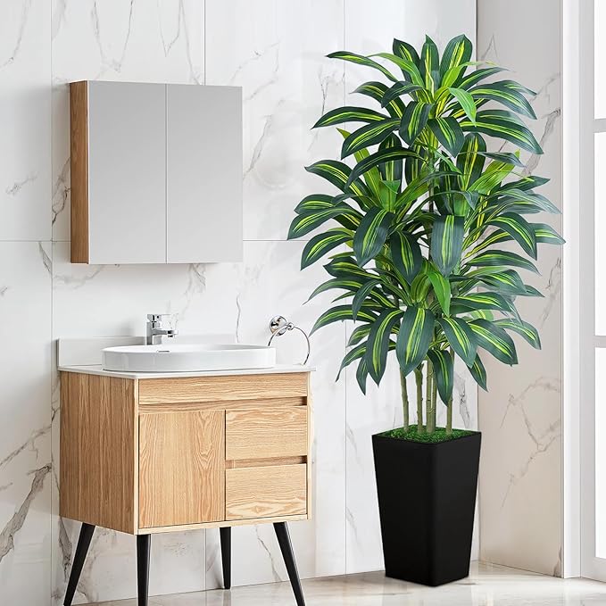 Keeplush 6FT Artificial Dracaena Tree - High-Density Foliage Fake Plant with Black Tall Planter - Faux Yucca Floor Plant for Home Office Decor Indoor