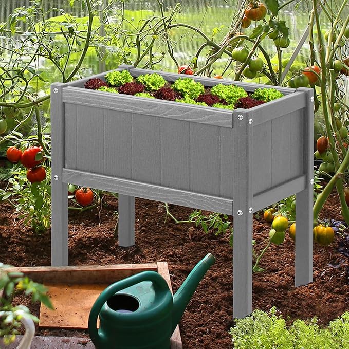 Raised Garden Beds Outdoor,Raised Herb Planter Box Outdoor with Legs and Drainage Hole Waterproof,Rot Resistant,for Vegetables Flower Tomato Patio Backyard Gray