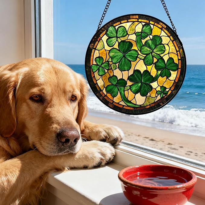 QZQCBLC Stained Glass Window Hanging Green Retro Lucky Clover Large 15" - Suncatcher Door Garden Sun Catcher Ireland Decor Birthday Mother's St. Ripack's Day Gift for Woman Mom Men Friend Nana Wife